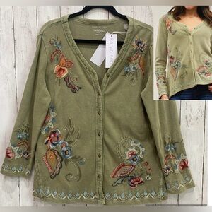 New Karyn Seo M Knit Tove Thermal Jacket Boho Embroidery Cardigan 100% Cotton